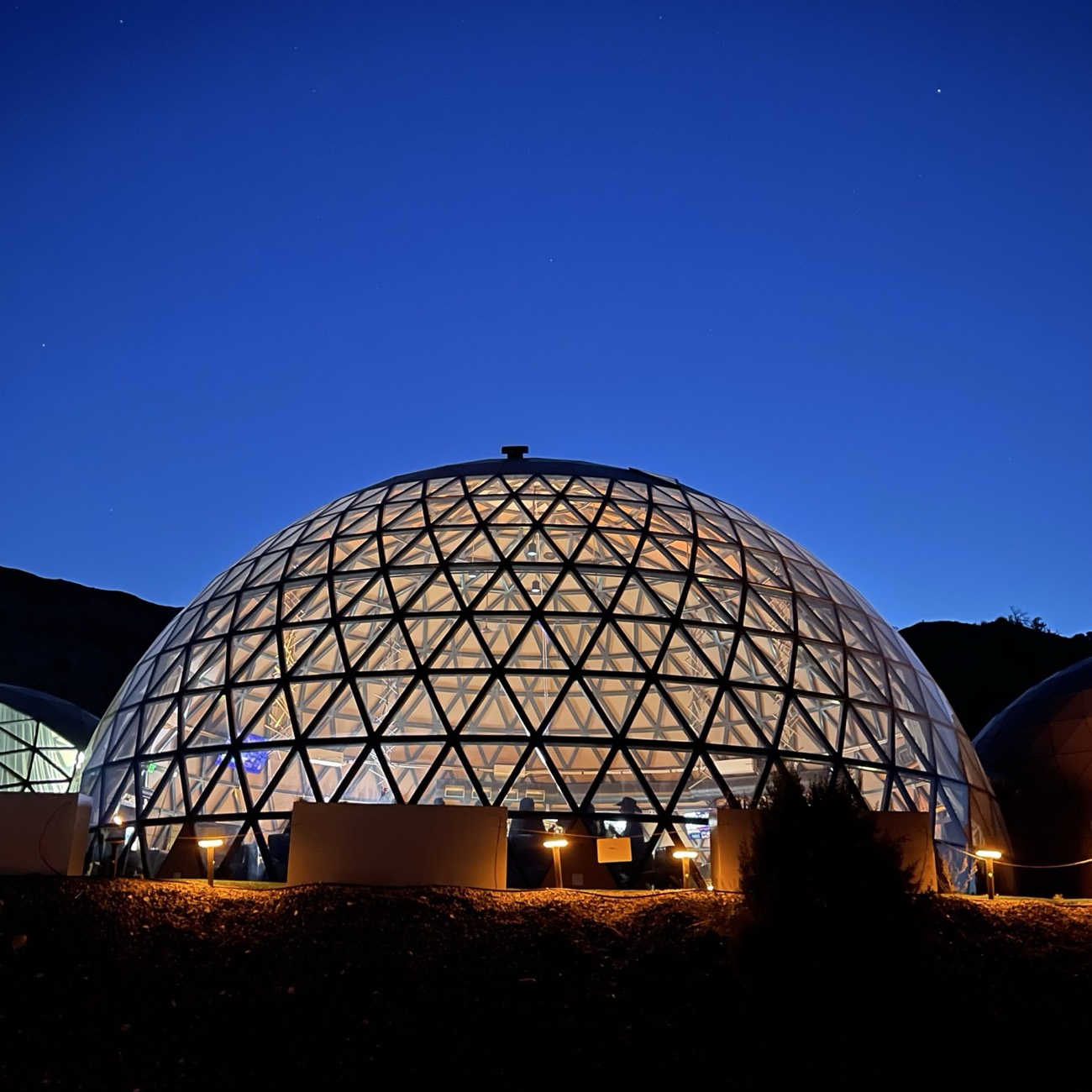 Geodesic dome at night, Clearsky Resort