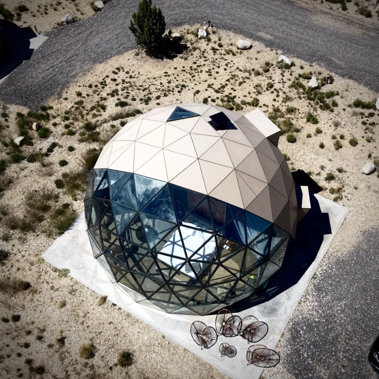 Aerial of a geodesic dome, Clearsky Resort Utah